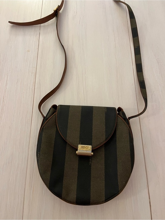 Fendi Handbags - Fendi Black and Brown Striped Crossbody with Gold-Tone Logo Clasp